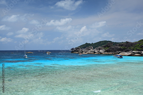 Panoramic view with blue sky and clouds on Similan island No.8 at Similan national park. Phuket  Thailand. View from the sailing rock viewpoint 