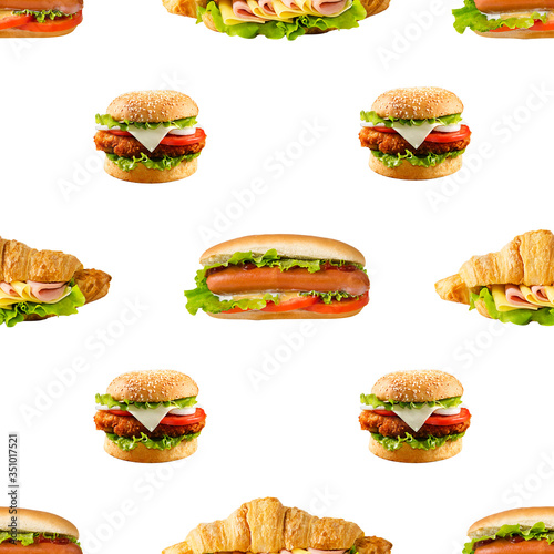 Burger, hotdog, sandwich seamless continuous Pattern Background Design. fast food, Isolated on White Background