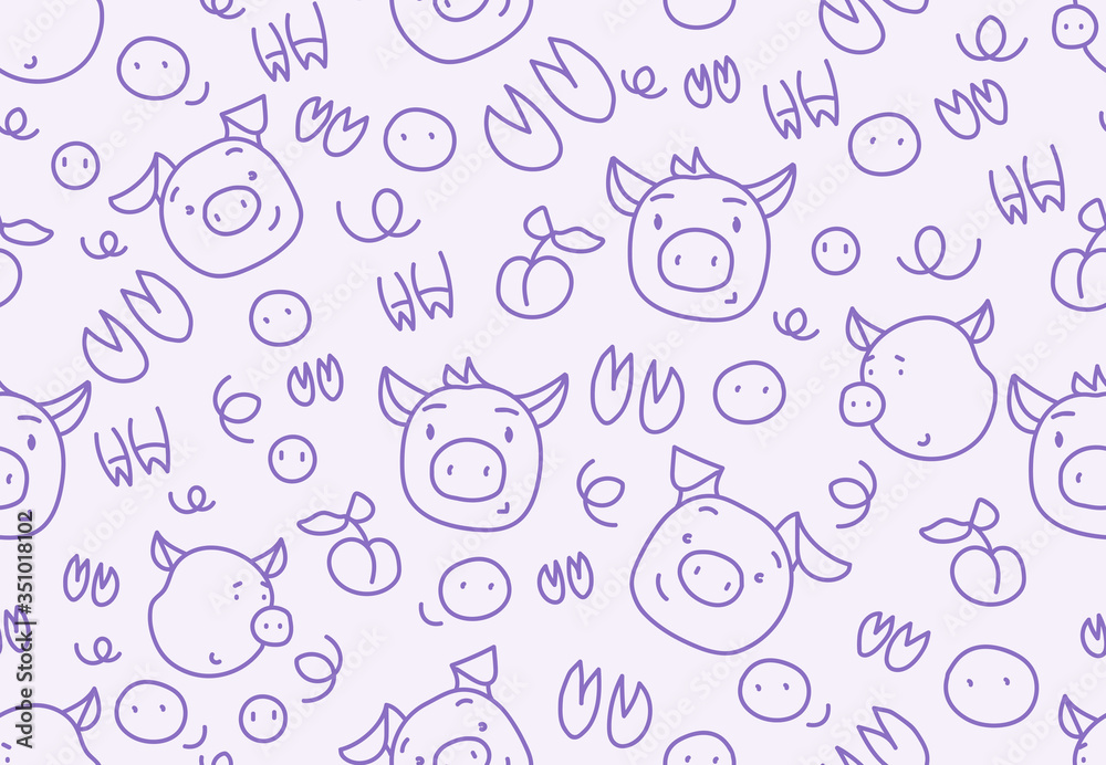 Cute pig doodle seamless pattern. Background design for fabric or wrapping paper. Purple seamless little pigs texture on violet. Vector line illustration for kids design Cute pig doodle seamless pattern. Background design for fabric or wrapping paper. Purple seamless little pigs texture on violet. Vector line illustration for kids design