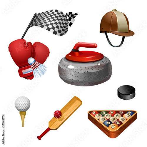 Sport icons. Golf, bast shoes, hockey, racing, boxing, horse racing, curling, various sports. Icon set. Vector isolated illustration