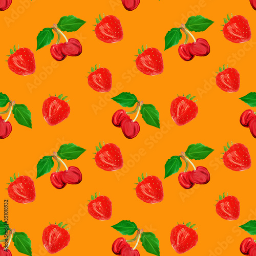 Fototapeta Naklejka Na Ścianę i Meble -  gouache seamless pattern with fruits and berries cherry and strawberry on a lush lava background, vegetarian pattern for diet, healthy eating. Use restaurant menu, packaging, product design,textile.