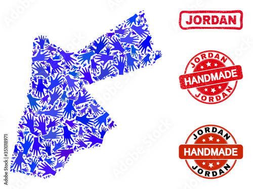 Vector handmade collage of Jordan map and scratched watermarks. Mosaic Jordan map is constructed with scattered blue hands. Rounded and awry red watermarks with scratched rubber texture.