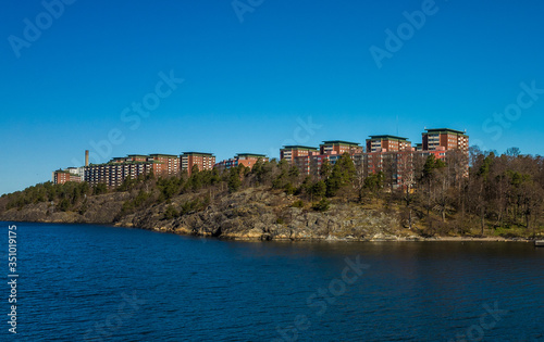 April 22, 2018 Stockholm, Sweden. High-rise modern residential buildings on the high coast of the Baltic Sea in Stockholm