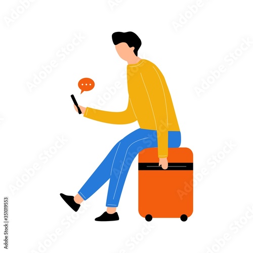 Men sitting on luggage flat illustration