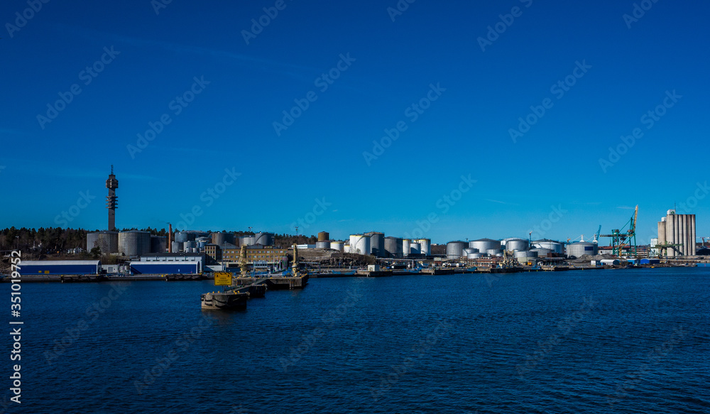 April 22, 2018 Stockholm, Sweden. Port Vartahamnen in the Strait Lilla Vartan in Stockholm. April 22, 2018 Stockholm, Sweden. Port Vartahamnen in the Strait Lilla Vartan in Stockholm.