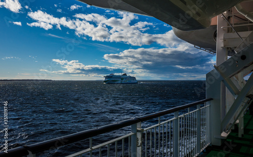 21 April 2019, Tallinn, Estonia. High-speed passenger and car ferry of the Estonian shipping concern Tallink Megastar in the port of Tallinn.