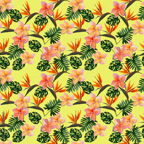 Seamless tropical pattern with plumeria and strelitzia with leaves on yellow background. Seamless pattern with colorful leaves of colocasia, filodendron, monstera. Exotic wallpaper. Hawaiian style.
