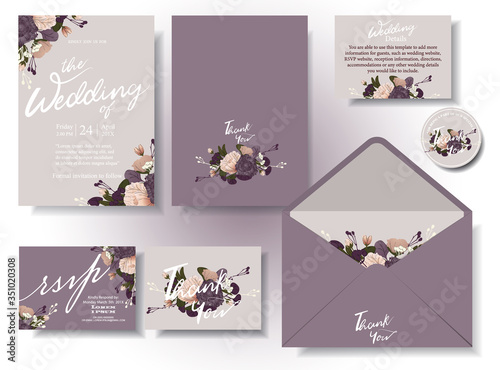 Vintage wedding invitation card in lavender tone, with flowers and berries writing around the frame .rsvp . Envelopes. Decorated in sets. Illustration/vector