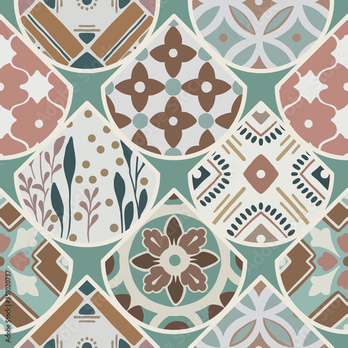 Luxury oriental tile seamless pattern in style of colorful floral patchwork boho chic with mandala in triangle design elements. Flower vector ornament background with eastern motif