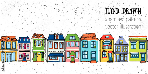 Horizontal seamless pattern hand drawn European city houses. Cute cartoon style vector illustration. Colorful modern townhouse building sketch. City buildings, Doodle decorative elements collection.