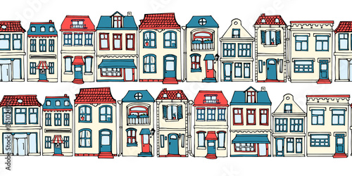 Horizontal seamless pattern hand drawn European city houses. Cute cartoon style vector illustration. Colorful modern townhouse building sketch. City buildings, Doodle decorative elements collection.