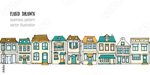 Horizontal seamless pattern hand drawn European city houses. Cute cartoon style vector illustration. Colorful modern townhouse building sketch. City buildings, Doodle decorative elements collection.