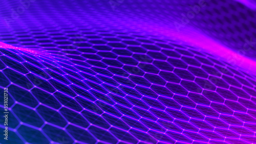 Neon light. Technology background. Honeycomb concept. Big data. Hexagonal space with connected dots and lines. 3d