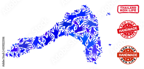 Vector handmade composition of Koh Lipe map and rubber seals. Mosaic Koh Lipe map is made with scattered blue hands. Rounded and awry red stamp imprints with grunge rubber texture.