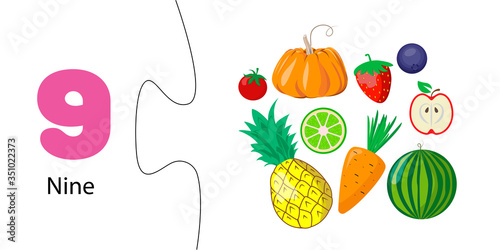 number 9 and nine fruits and vegetables. Learning bills for children. Educational card, worksheet for preschoolers. Elementary mathematics. Puzzle game, connect halves