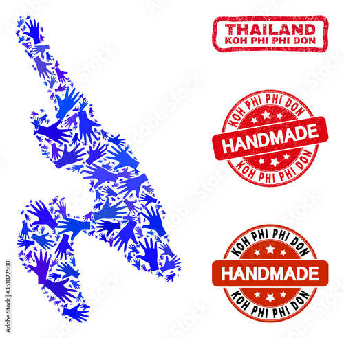 Vector handmade collage of Koh Phi Don map and rubber stamps. Mosaic Koh Phi Don map is done of random blue hands. Rounded and awry red seals with grunge rubber texture.