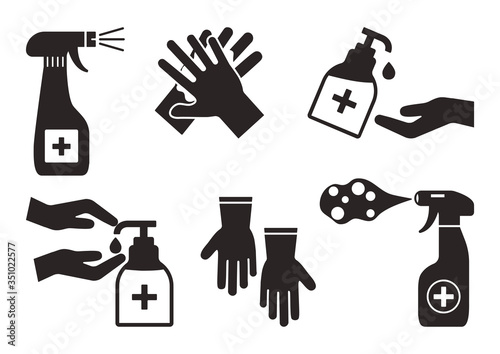 Disinfection. Hand hygiene. Set of hand sanitizer bottles, washing gel, spray, liquid soap, rubber gloves. Black icons. PPE personal protective equipment. Vector illustration