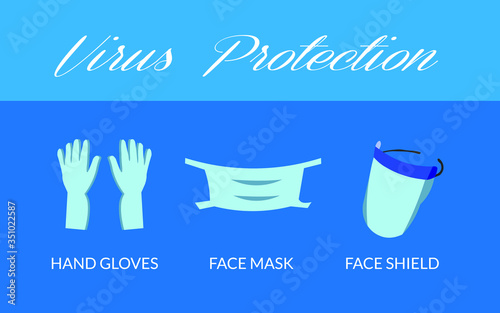 Virus Protection by Hand Gloves, Face Mask, Face Shield Vector. Simple illustration of Coronavirus COVID-19 Protection.