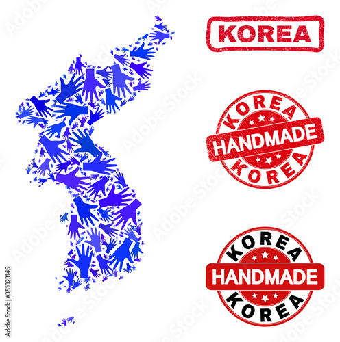 Vector handmade composition of Korea map and dirty stamp seals. Mosaic Korea map is formed with scattered blue hands. Rounded and awry red seals with scratched rubber texture.
