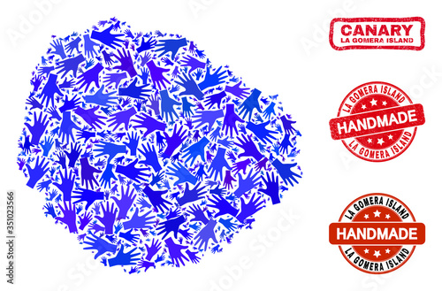 Vector handmade composition of La Gomera Island map and dirty watermarks. Mosaic La Gomera Island map is made with randomized blue hands. Rounded and awry red watermarks with scratched rubber texture.
