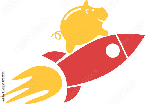 A piggy bank takes off on a rocket