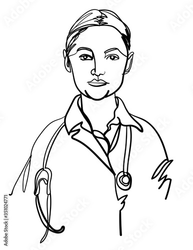 Female doctor with a stethoscope. One line drawing. The doctor in a protective suit.