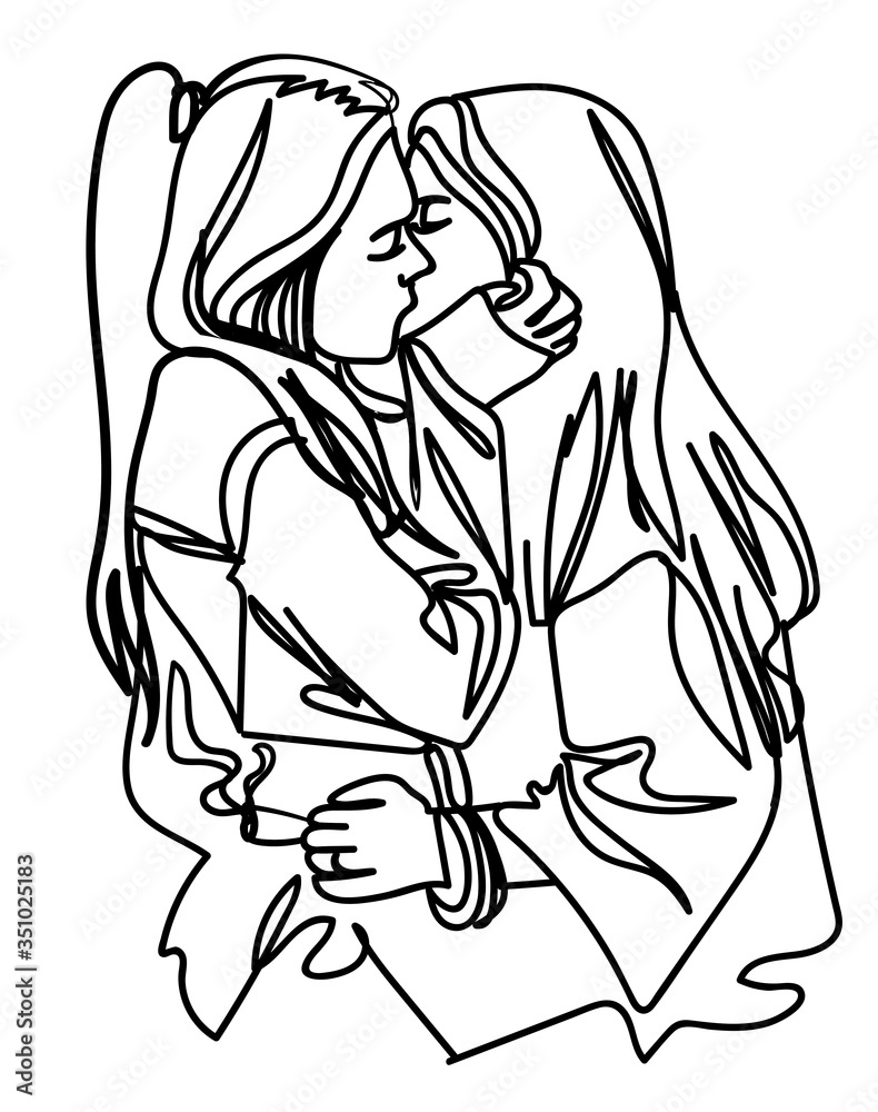 Two girls kiss each other. One line drawing. Stylish print, free love. Two girls kiss each other. One line drawing. Stylish print, free love.