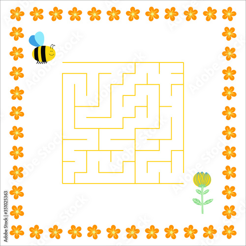 Labirynth kids task to find way Maze for children to draw the right path with entry and exit. Fun logic game Square shape with ladybug and flowers. With solution. Vector illustration white background.