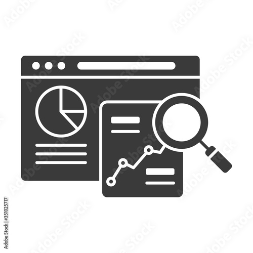 Seo research black glyph icon. Search engine optimization sign. Analysis and analitycs web page concept. Keyword search. Digital marketing symbol.
