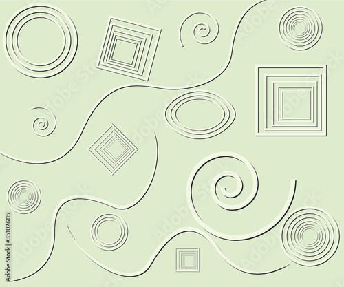 Vector seamless pattern with various geometric shapes - circles, wavy lines, spiral, ovals, squares