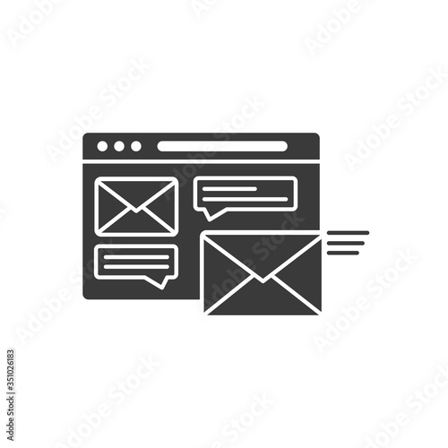 E-mail marketing black glyph icon. Advertising in social media concept. Promotion strategy. Liner symbol. Element button for web page, mobile app, promo. UI UX GUI user interface.