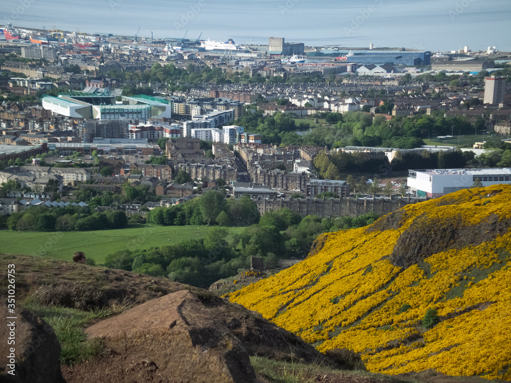 aerial view of the city of Leith Arthur Seat Edinburgh Scotland United Kingdom