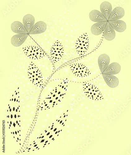 Vector image of a blooming plant with flowers made of black dots on yellow background