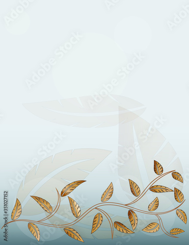 Vector background with golden tree branch and leafs on it on light grey background