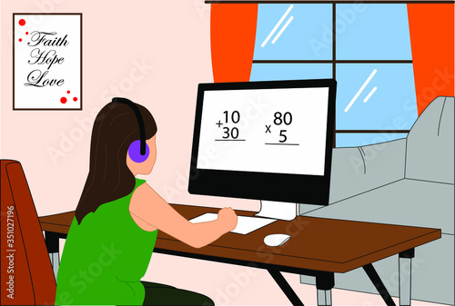 Niña con cabello castaño y piel clara, sentada frente a la computadora portátil tomando clases en línea desde la comodidad de su hogar
