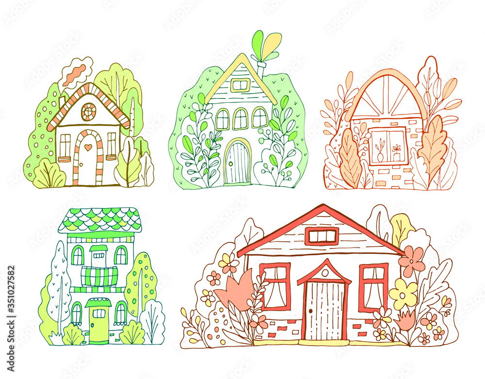 Hand drawn doodles fairy houses set in the village. Green and orange cute bulding line art vector illustration.