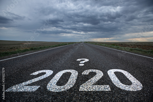 Desert road with the text 2020 and a question mark.