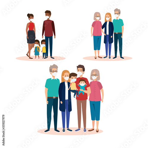 set scenes of families using face mask vector illustration design