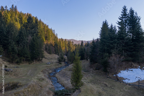 April 2020 - Skole, Ukraine: Aerial pastoral view of the ukrainian mountains in national park Skolivski Beskydy.