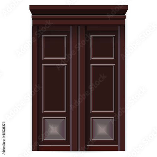 Vector illustration of wooden door wooden window isolated on white. 3D illustration. Brown door for construction, building a house. Wardrobe door for game design, simulator, interior designers