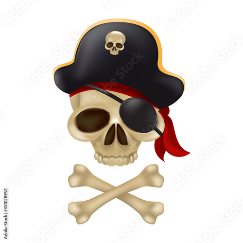 Pirate skull with crossbones in the captain's hat. 3D sign or buccaneer emblem. Funny vector illustration of jolly roger with a red bandana and black blindfold isolated on white background