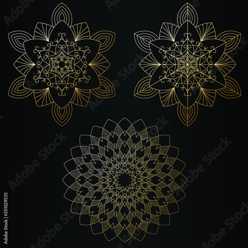 Vector image of three different golden mandalas on black background