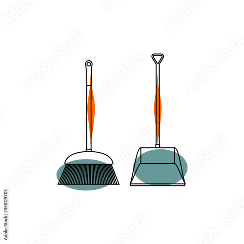 Broom and Dustpan Garbage Outline vector Illustration
