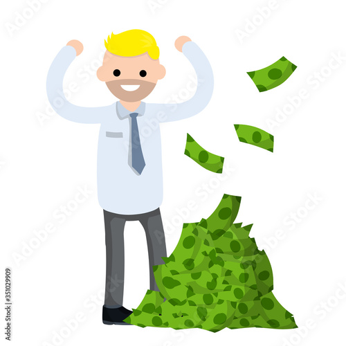 Office worker in white shirt. Big hand with green money. Happy man. Cartoon flat illustration. Payment and business