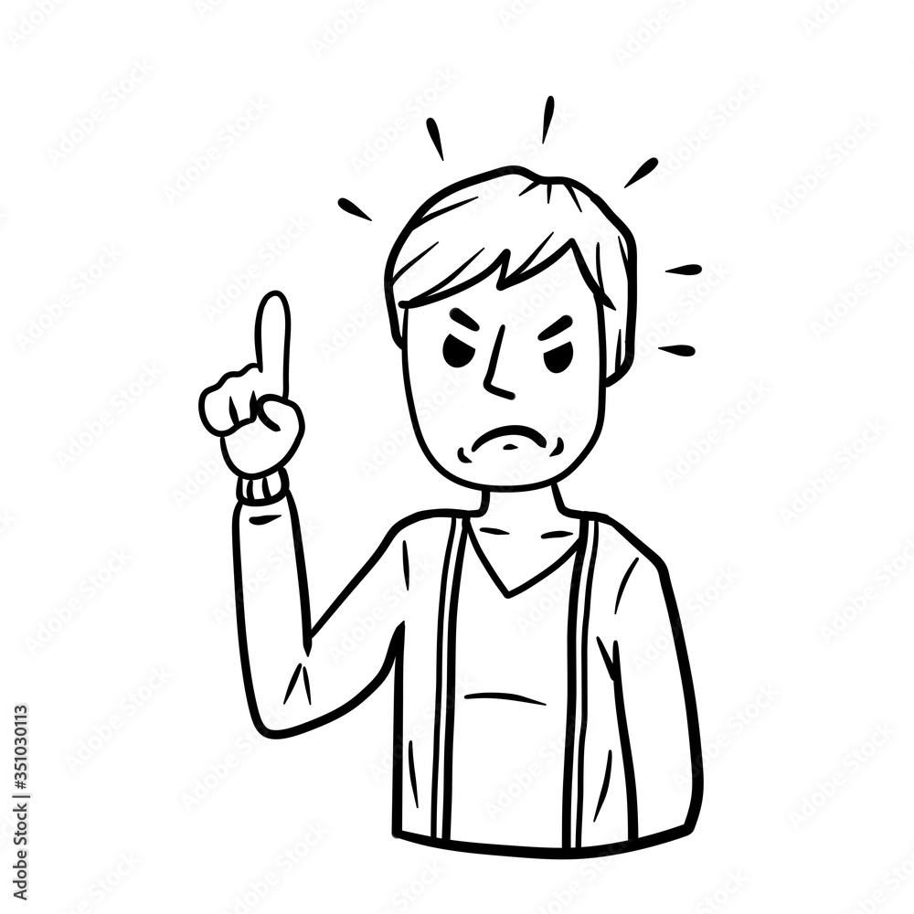 Stern man points with his finger. Negative emotion guy. Note and remark. Cartoon hand drawn black and white sketch illustration. Angry hand gesture. Caution and attention