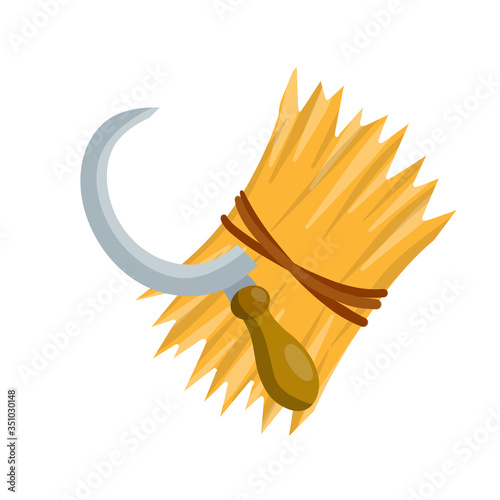 Yellow haystack and sickle. countryside harvest of crop. Organic food and hook. Cartoon flat illustration. Rustic sheaf