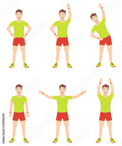 Exercises at home. Young handsome guy makes stands in various poses. Warm up for the shoulder girdle.
