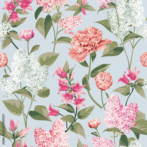 Spring flowers. White and pink Lilac, Peony and Campanula on light background. Seamless floral pattern.