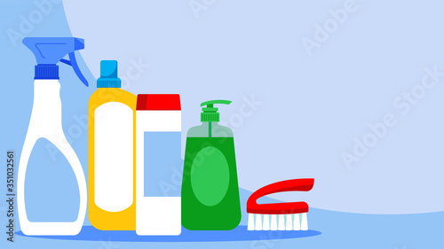 Home cleaning and housekeeping. Cleaning supplies and items: Copy space over gray background.