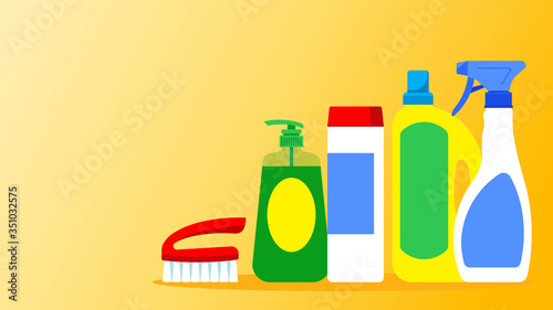 Home cleaning and housekeeping. Cleaning supplies and items: Copy space over yellow background.